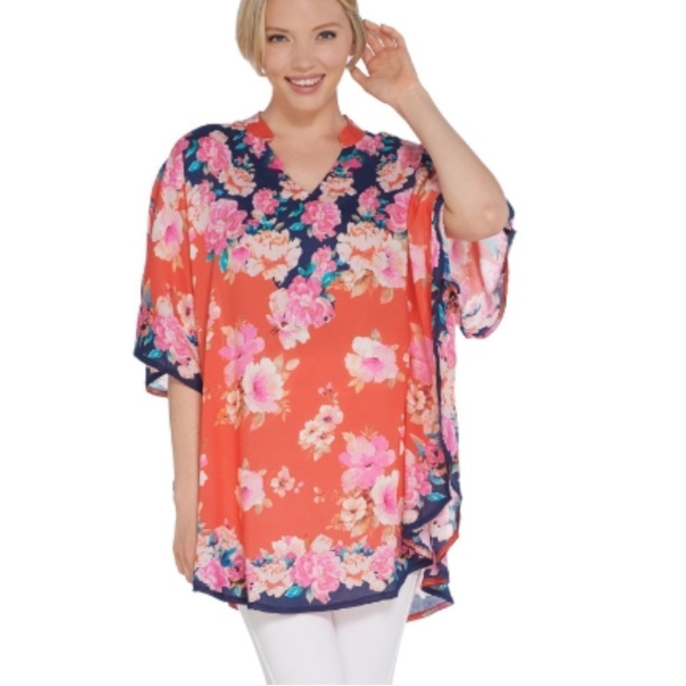 Tolani Collection Belle Floral Kaftan Poncho Blouse Mandarin Collar Size 1X